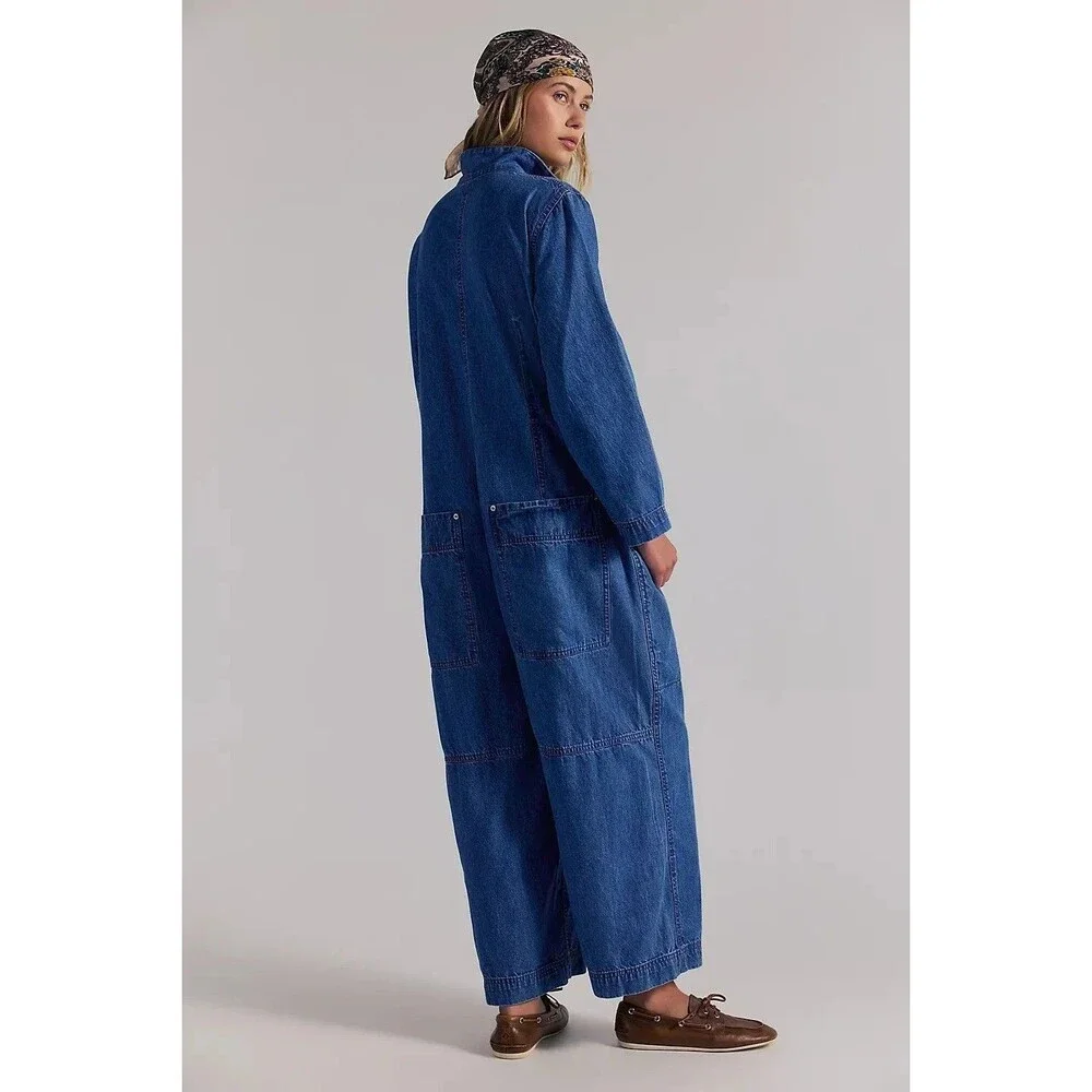Free People We The Free Margarita Jumpsuit Utility Rigid Denim Wide Leg S 288857